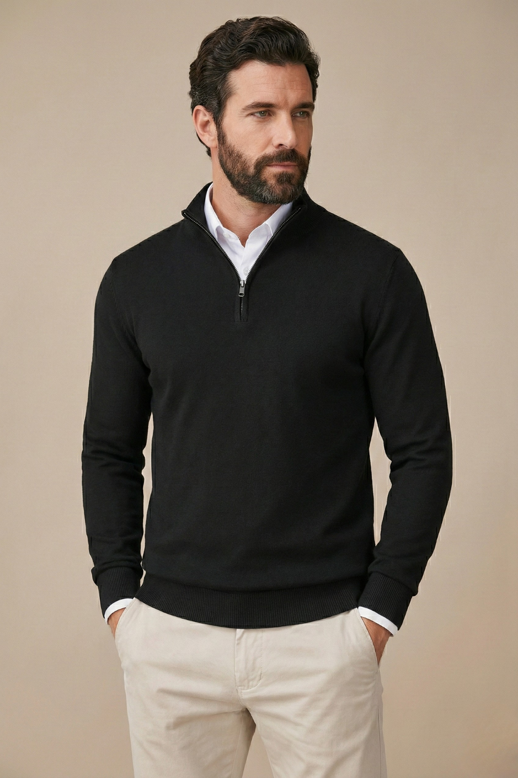Men’s Half Zip Knit Sweater – Minimalist Stand Collar Pullover Jumper – Smart Casual Everyday Wear