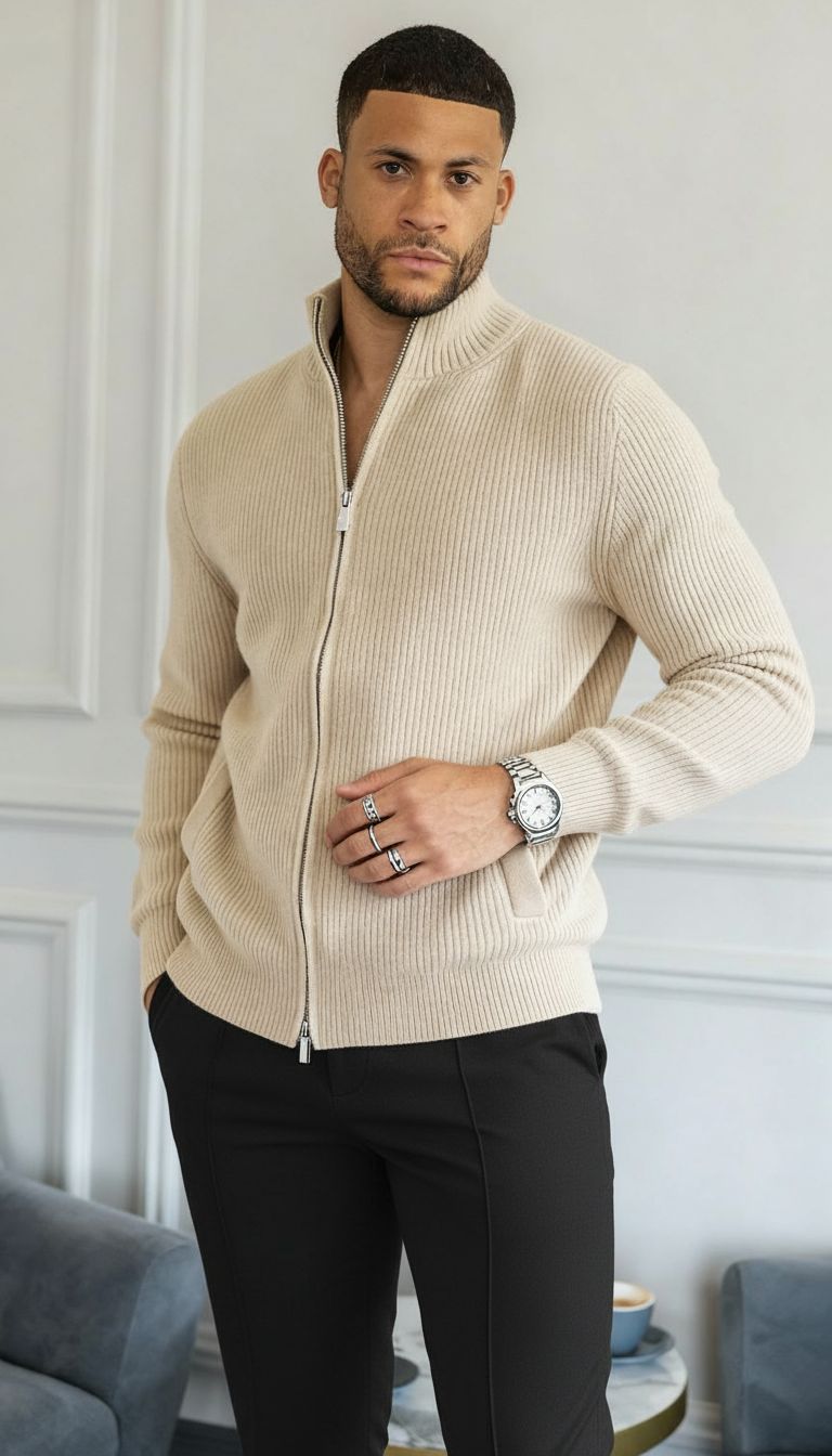 Jamie | Men's Full Zip Ribbed Knit Sweater