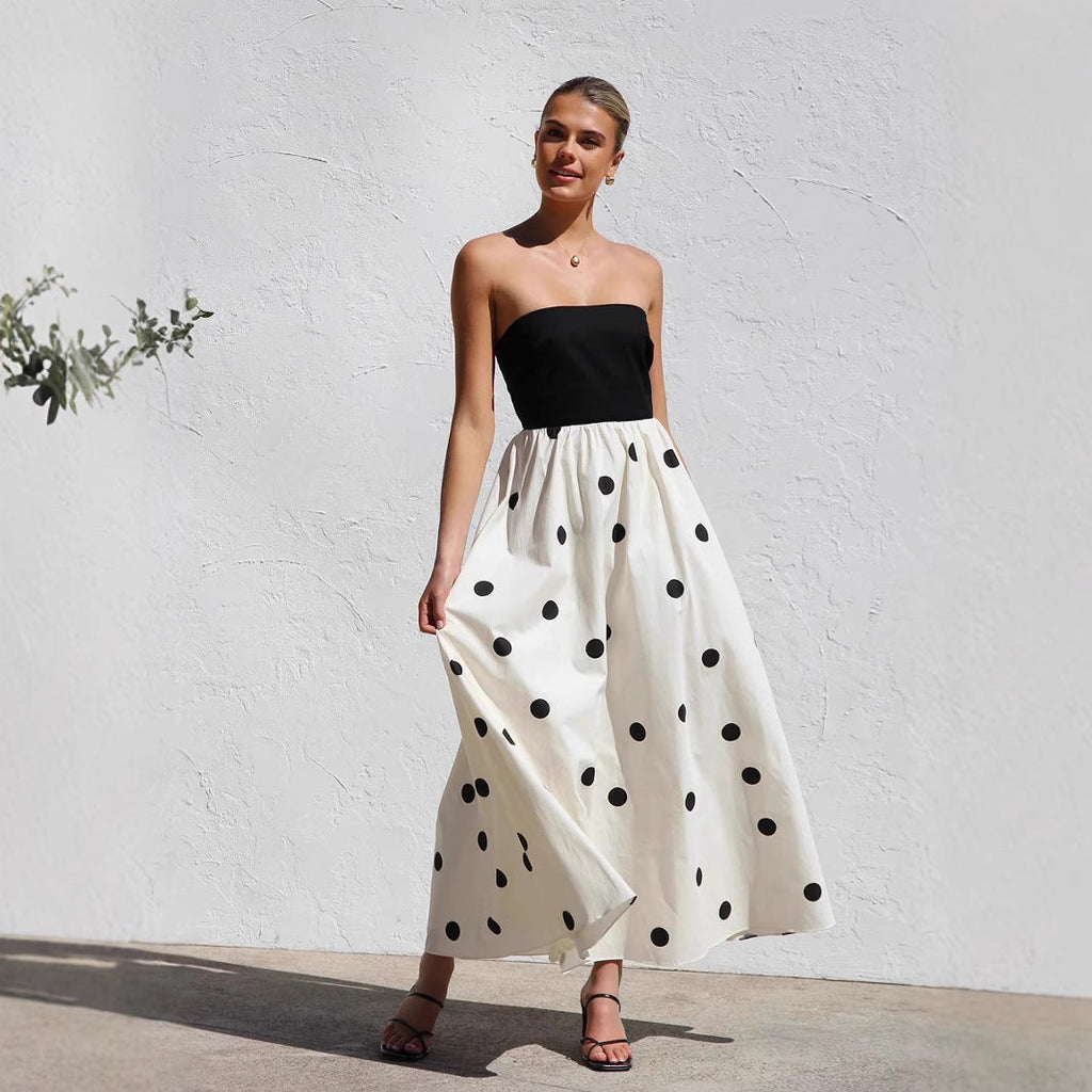 Women’s Strapless Polka Dot Maxi Dress – A-Line Summer Silhouette