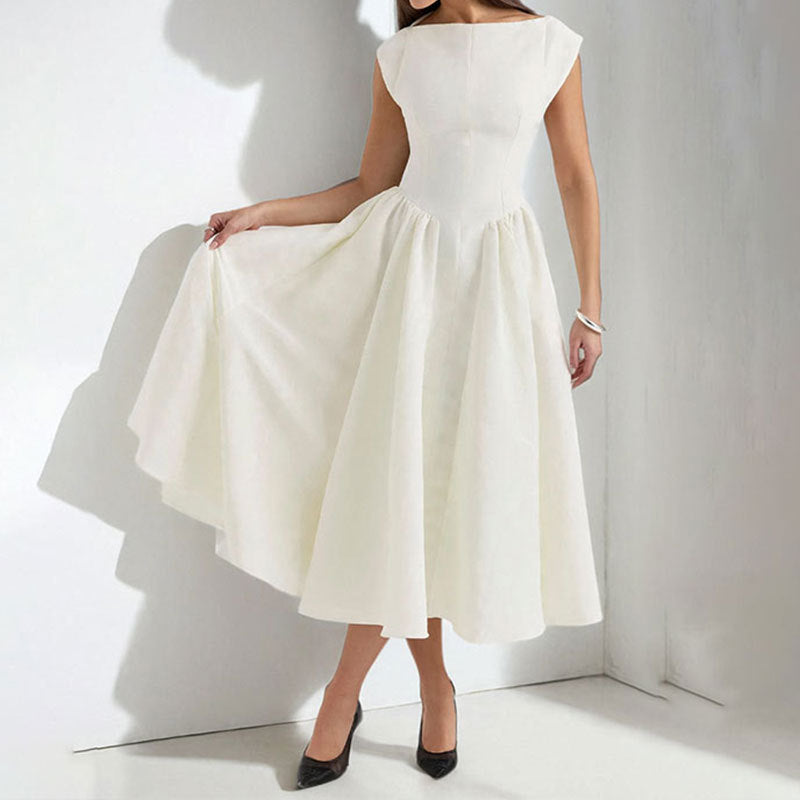 Women’s Elegant White Midi Dress – Structured Fit with Flared Skirt