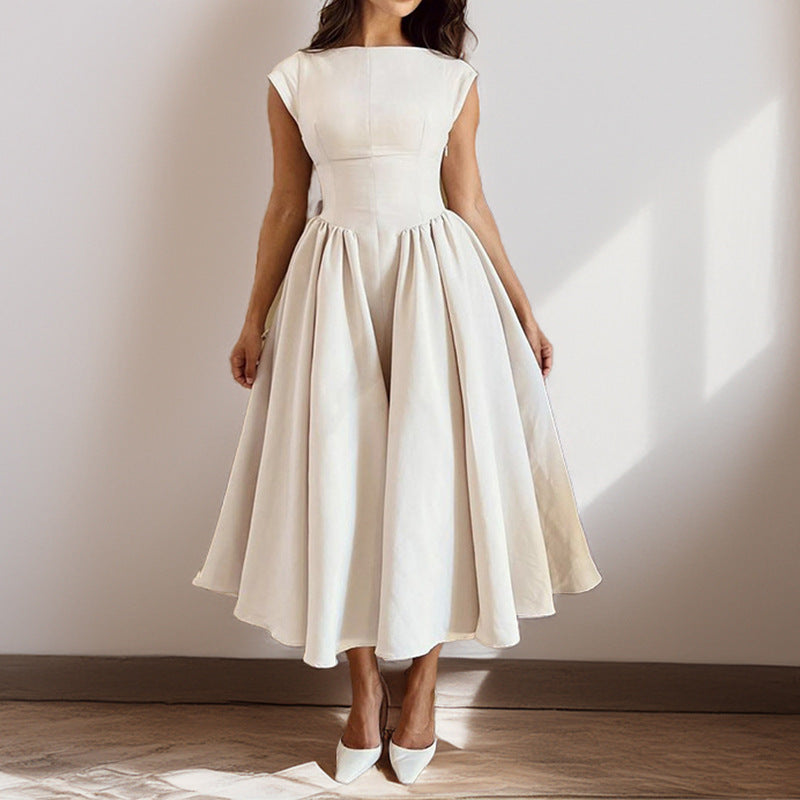Women’s Elegant White Midi Dress – Structured Fit with Flared Skirt