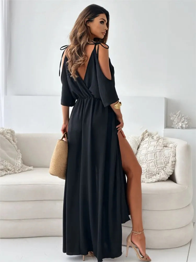 Isabelle| Elegant Cold-Shoulder Maxi Dress - Light Materials