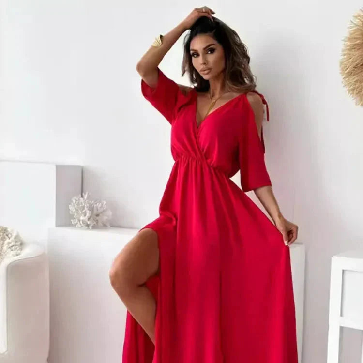 Isabelle| Elegant Cold-Shoulder Maxi Dress - Light Materials