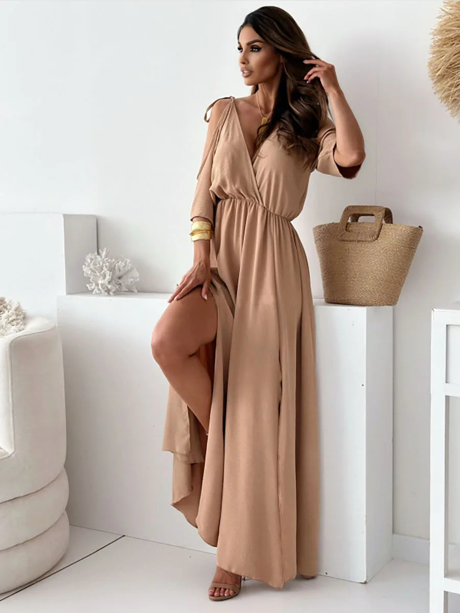 Isabelle| Elegant Cold-Shoulder Maxi Dress - Light Materials
