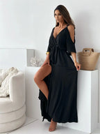 Isabelle| Elegant Cold-Shoulder Maxi Dress - Light Materials