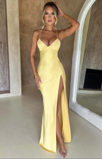 Lyla| Elegant Sleek V-Neckline Maxi Dress with Thigh-High Slit