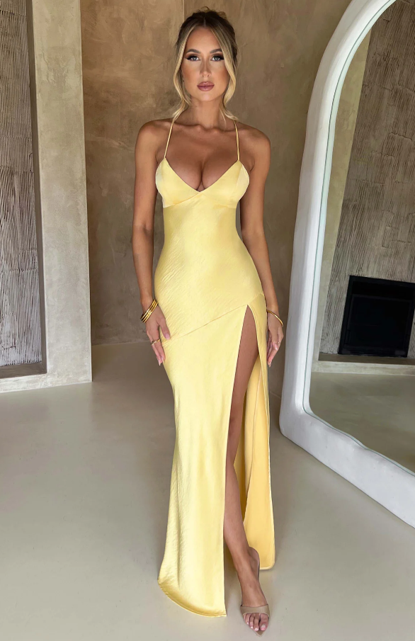 Lyla| Elegant Sleek V-Neckline Maxi Dress with Thigh-High Slit