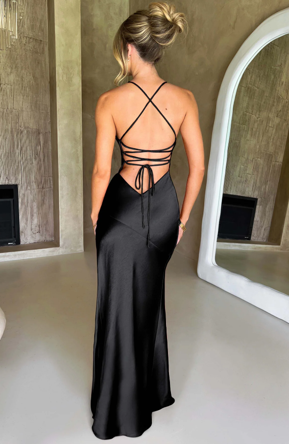 Lyla| Elegant Sleek V-Neckline Maxi Dress with Thigh-High Slit