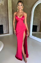 Lyla| Elegant Sleek V-Neckline Maxi Dress with Thigh-High Slit