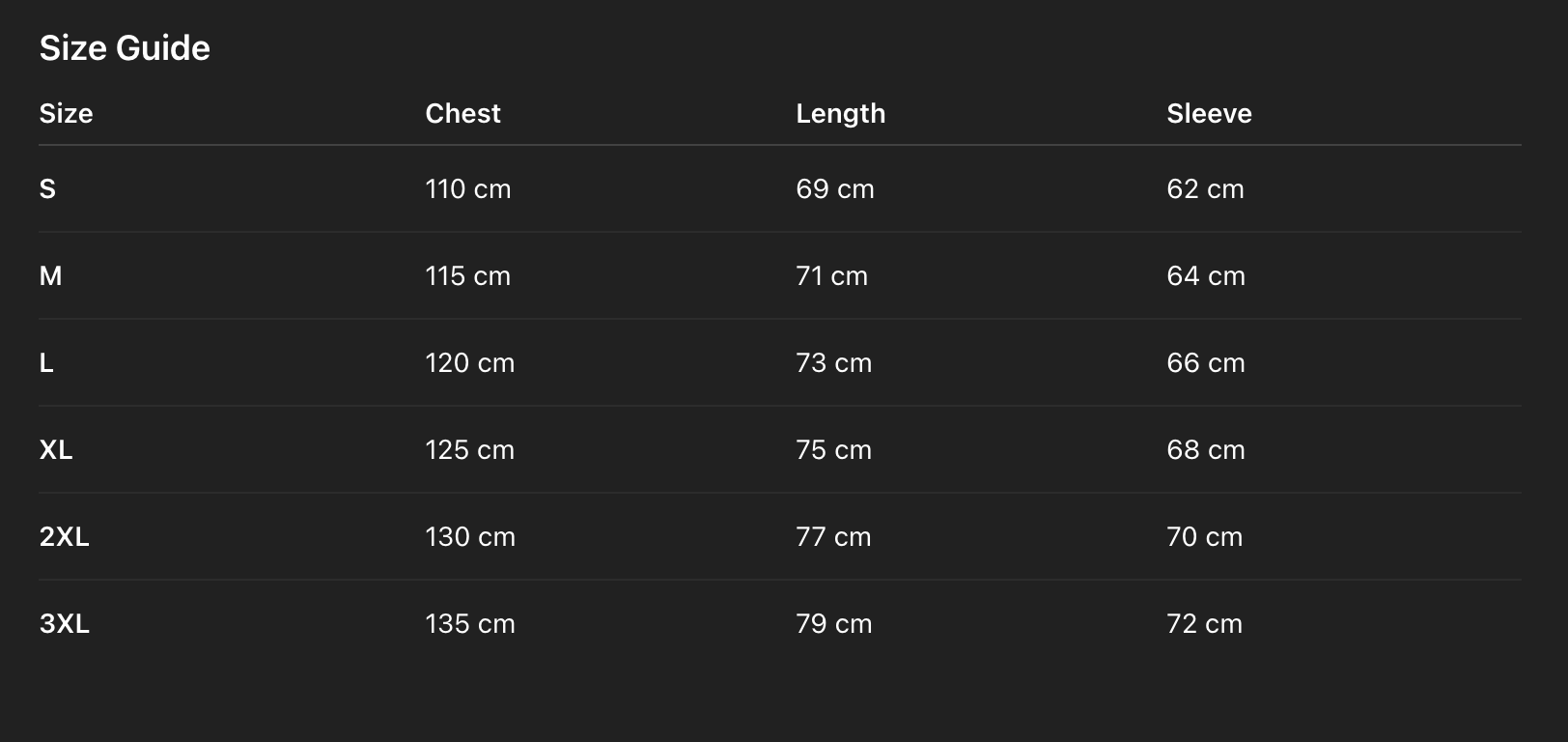Sizing guide