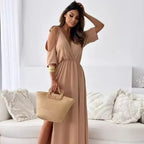 Isabelle| Elegant Cold-Shoulder Maxi Dress - Light Materials