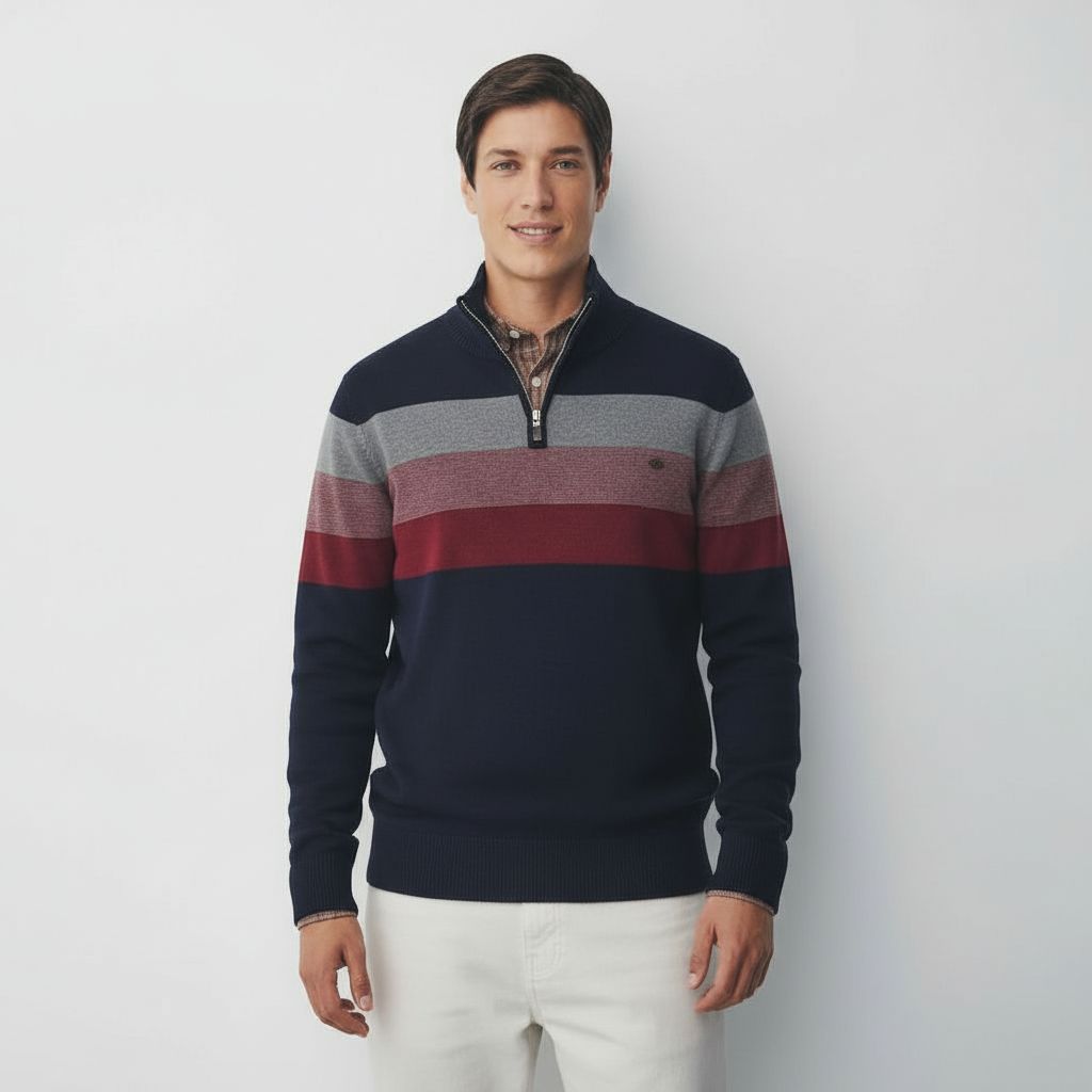 Men’s Striped Quarter-Zip Jumper with Stand Collar – Stylish Knitwear