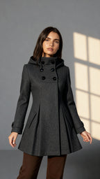 Women's Hooded A-Line Winter Coat - Double-Breasted Trench Style with Flared Silhouette