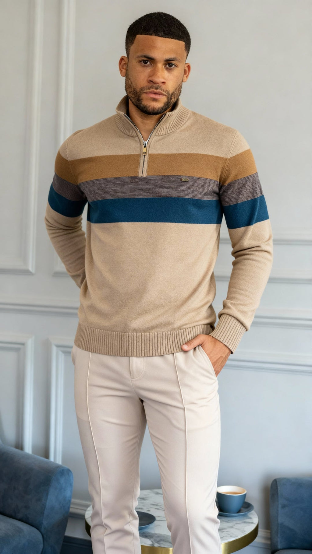 Men’s Striped Quarter-Zip Jumper with Stand Collar – Stylish Knitwear