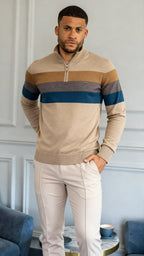 Men’s Striped Quarter-Zip Jumper with Stand Collar – Stylish Knitwear