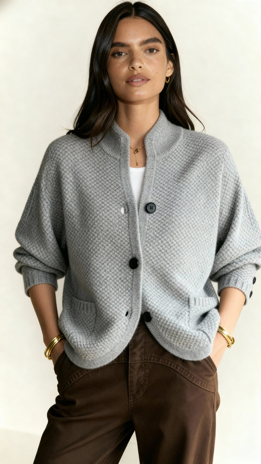Women's Knitted Cardigan – Long Sleeve Wool Blend with Side Pockets