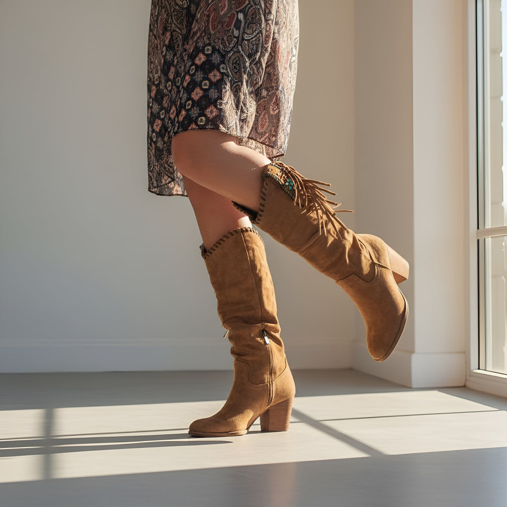 Women’s Knee High Cowboy Boots – Western Fringe Boots with Block Heel