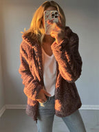 Ellen Women’s Hooded Open Front Teddy Jacket with Relaxed Fit