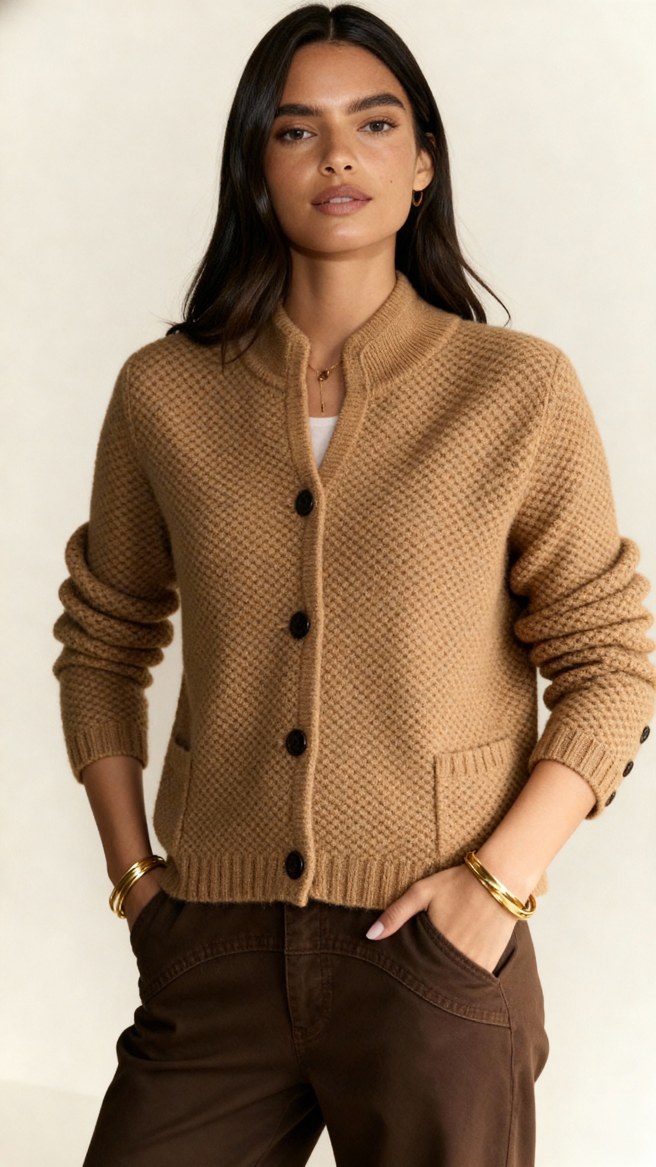 Women's Knitted Cardigan – Long Sleeve Wool Blend with Side Pockets