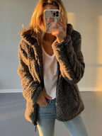 Ellen Women’s Hooded Open Front Teddy Jacket with Relaxed Fit