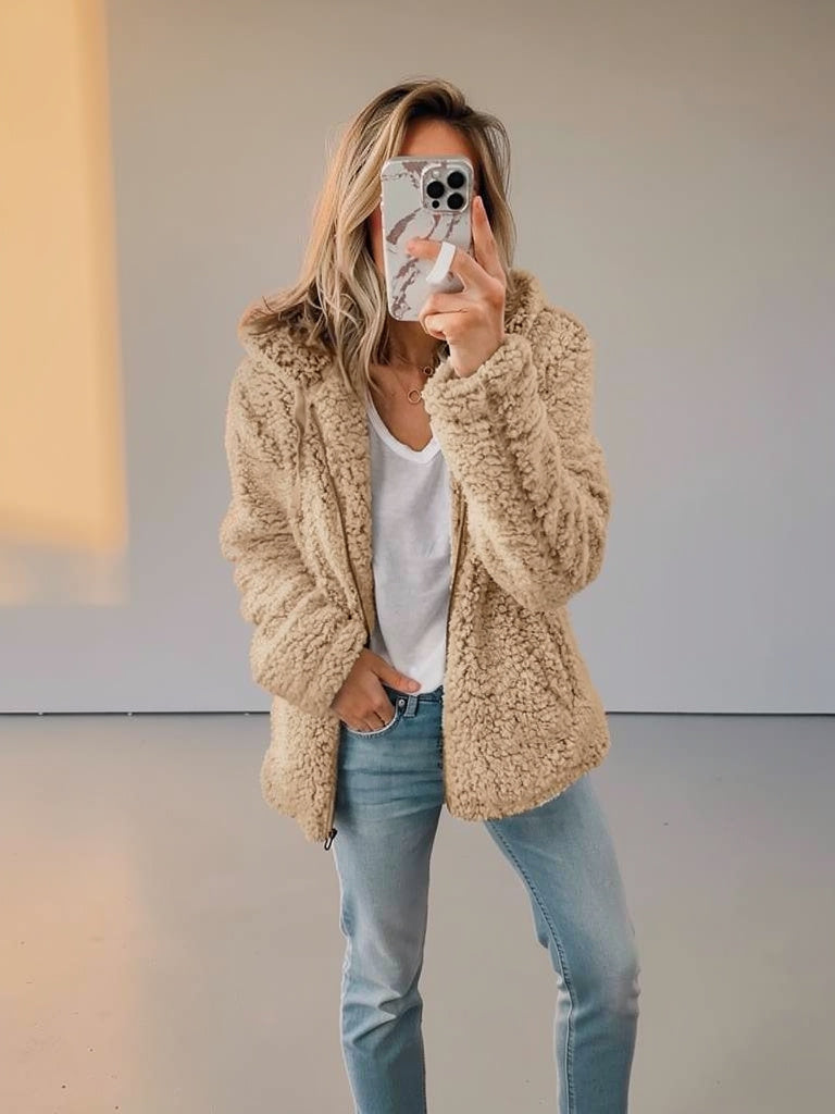 Ellen Women’s Hooded Open Front Teddy Jacket with Relaxed Fit