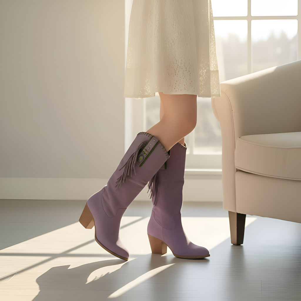 Women’s Knee High Cowboy Boots – Western Fringe Boots with Block Heel