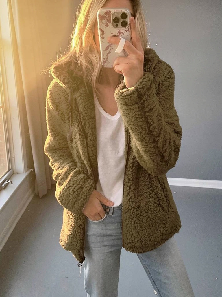 Ellen Women’s Hooded Open Front Teddy Jacket with Relaxed Fit