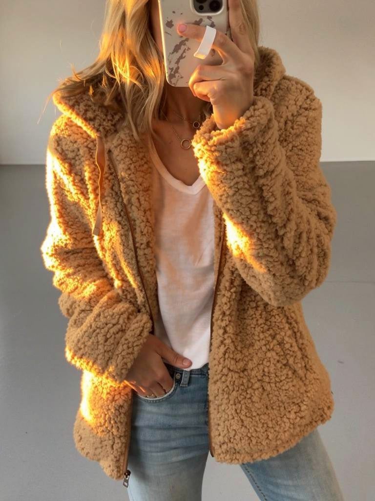 Ellen Women’s Hooded Open Front Teddy Jacket with Relaxed Fit