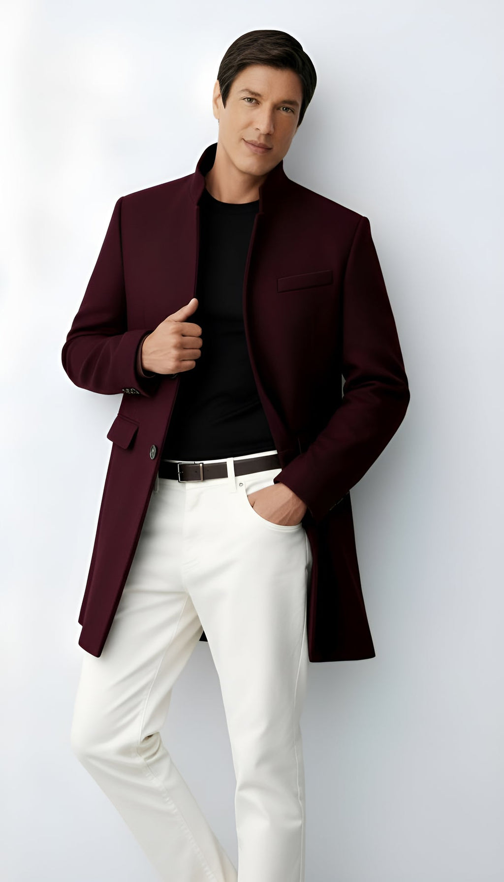 Men's Wool-Blend Coat – Elegant Longline Overcoat with Notch Lapels & Button Closure for Formal & Smart-Casual Wear