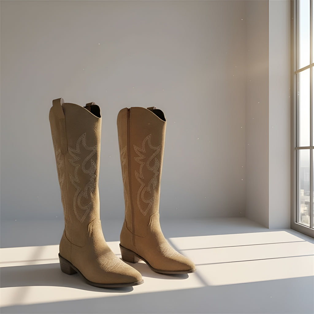 Women’s Knee High Cowboy Boots – Embroidered Western Boots with Thick Heel