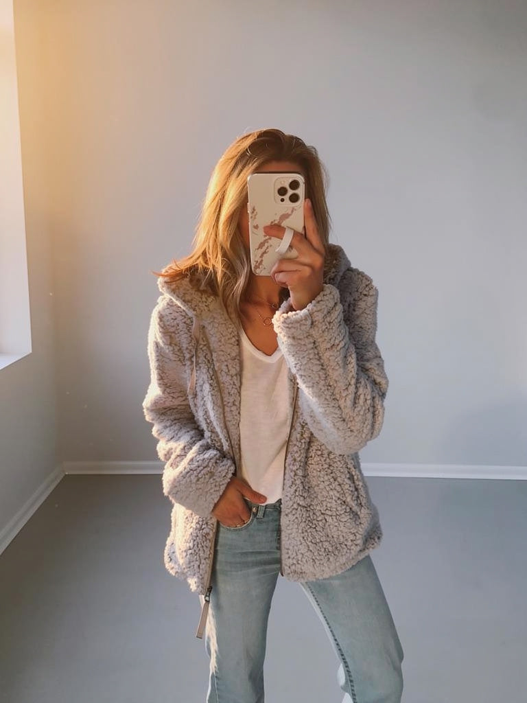 Ellen Women’s Hooded Open Front Teddy Jacket with Relaxed Fit