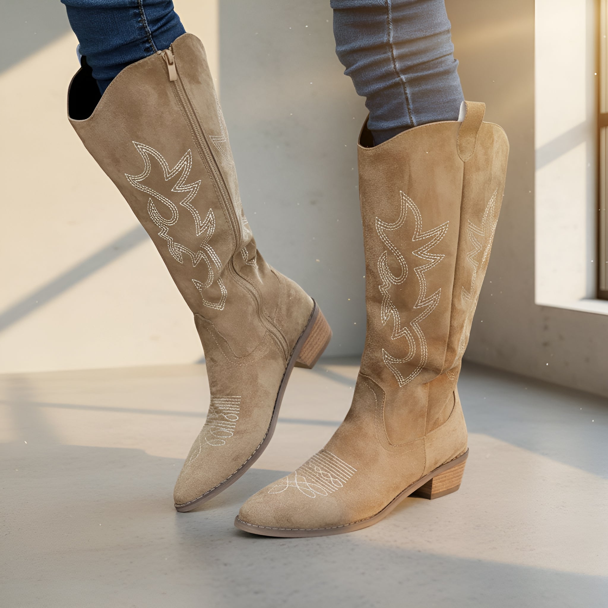 Women’s Knee High Cowboy Boots – Embroidered Western Boots with Thick Heel