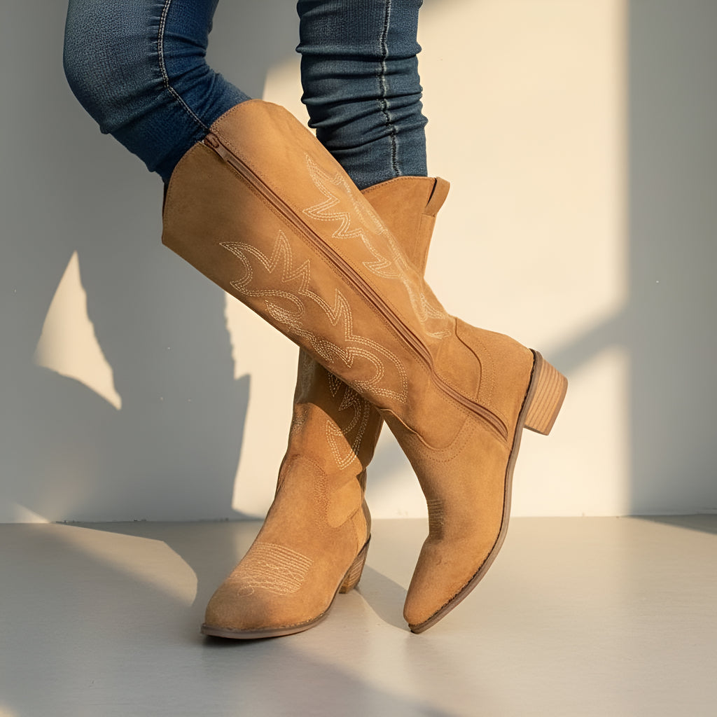Women’s Knee High Cowboy Boots – Embroidered Western Boots with Thick Heel