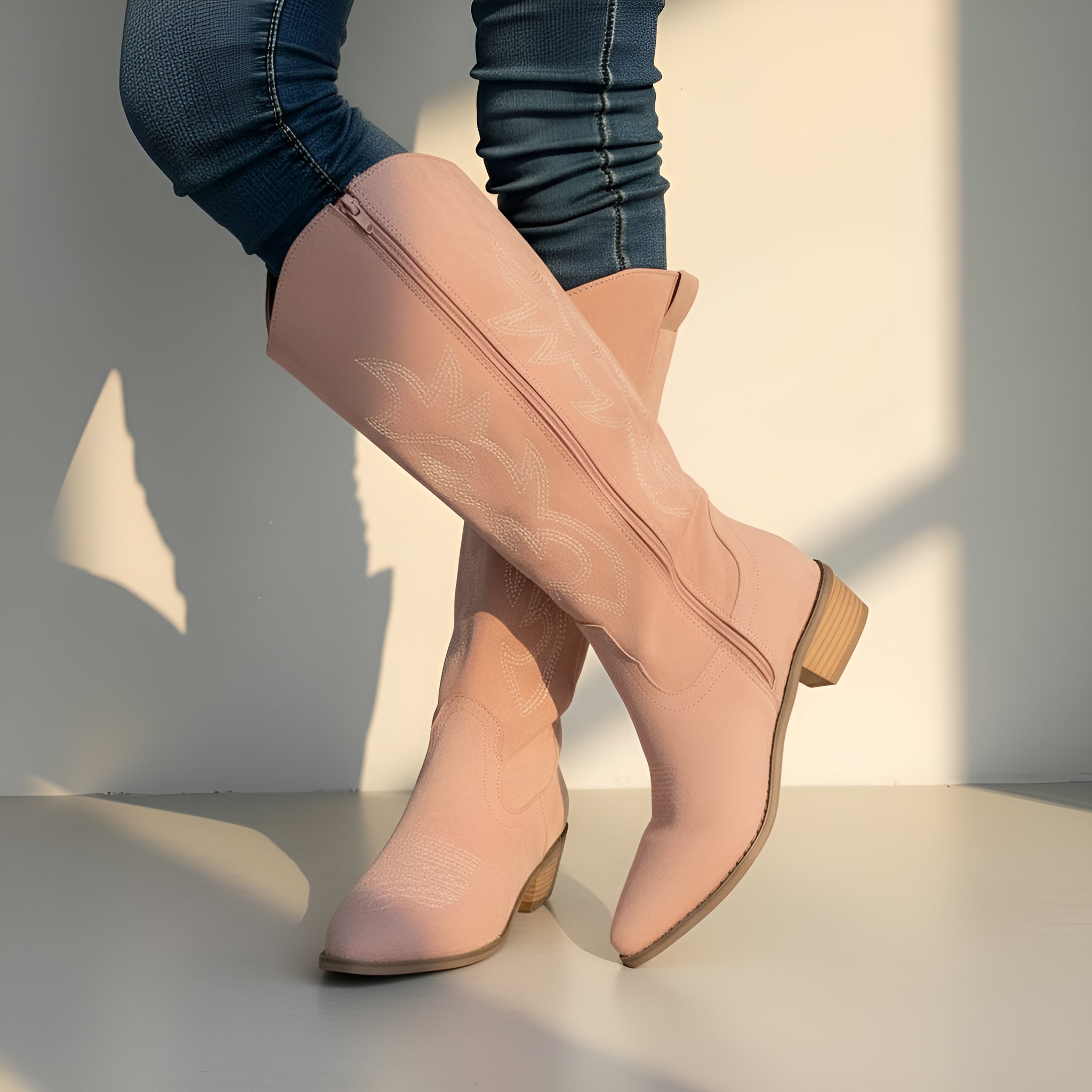 Women’s Knee High Cowboy Boots – Embroidered Western Boots with Thick Heel