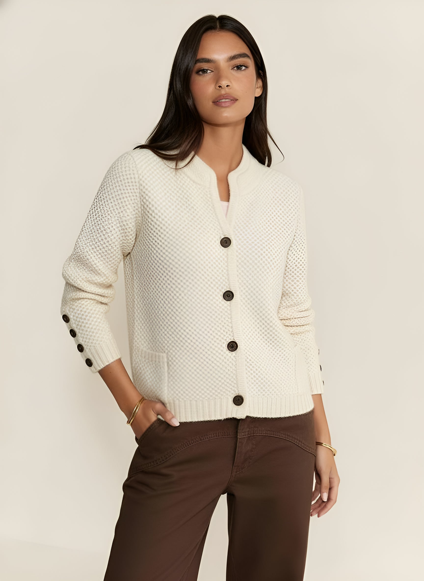 Women's Knitted Cardigan – Long Sleeve Wool Blend with Side Pockets