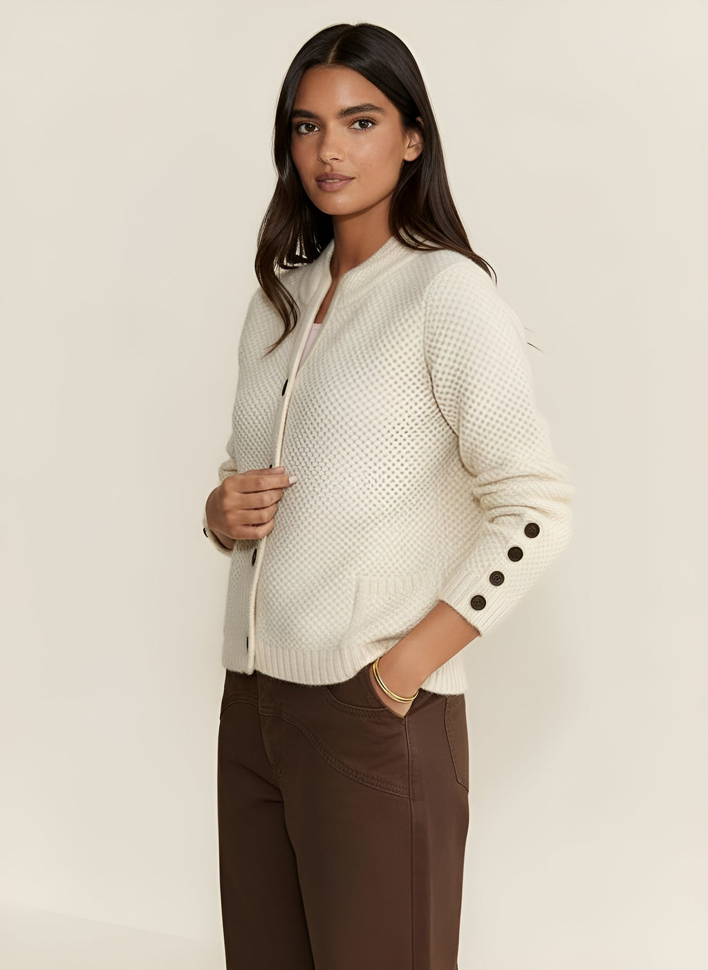 Women's Knitted Cardigan – Long Sleeve Wool Blend with Side Pockets