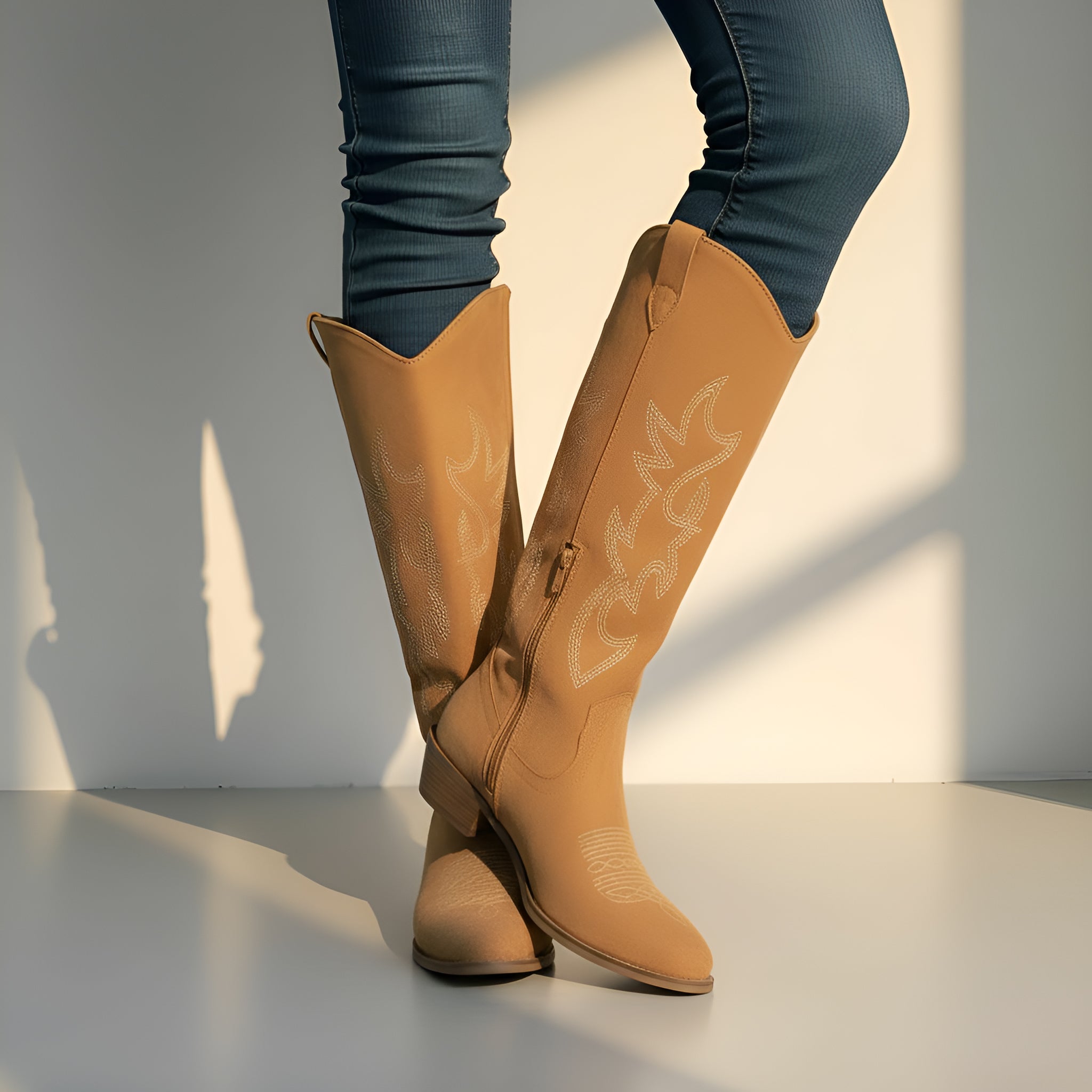 Women’s Knee High Cowboy Boots – Embroidered Western Boots with Thick Heel