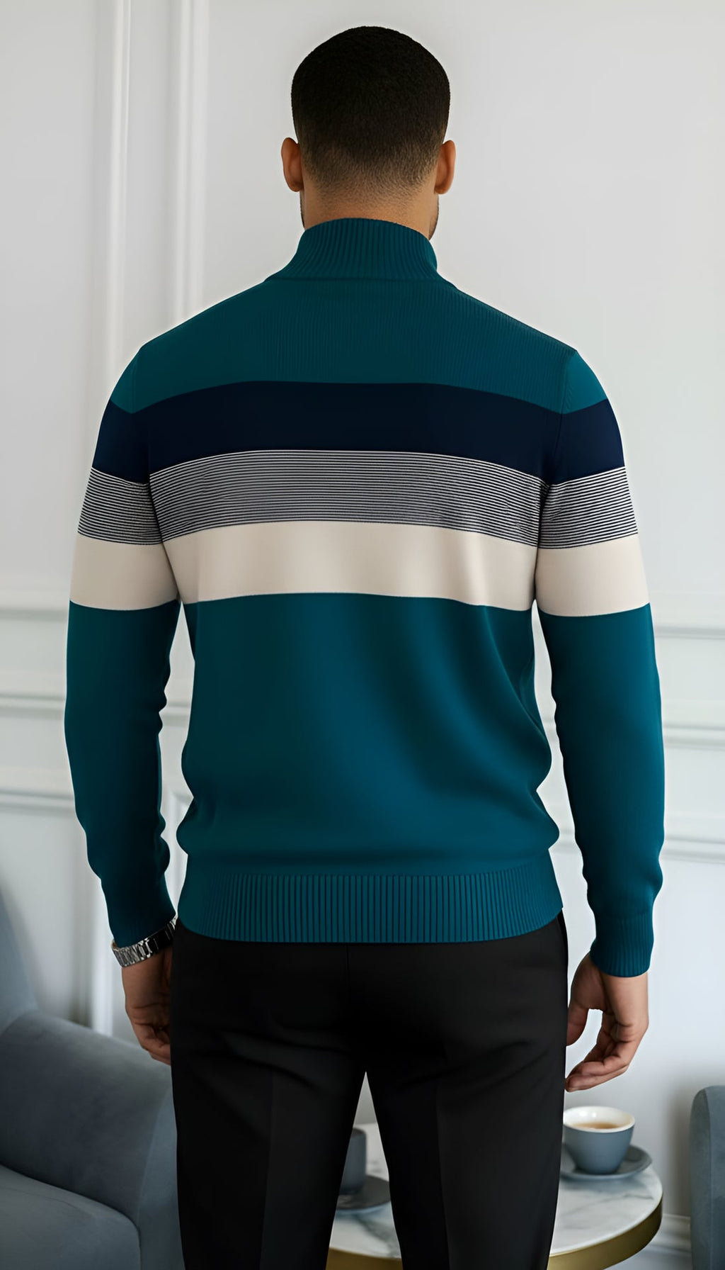 Men’s Striped Quarter-Zip Jumper with Stand Collar – Stylish Knitwear
