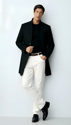 Men's Wool-Blend Coat – Elegant Longline Overcoat with Notch Lapels & Button Closure for Formal & Smart-Casual Wear