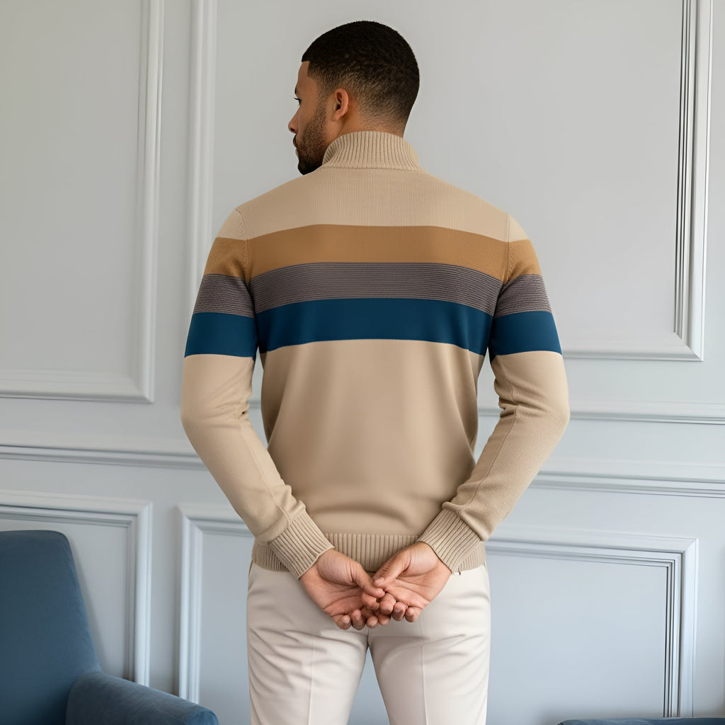 Men’s Striped Quarter-Zip Jumper with Stand Collar – Stylish Knitwear