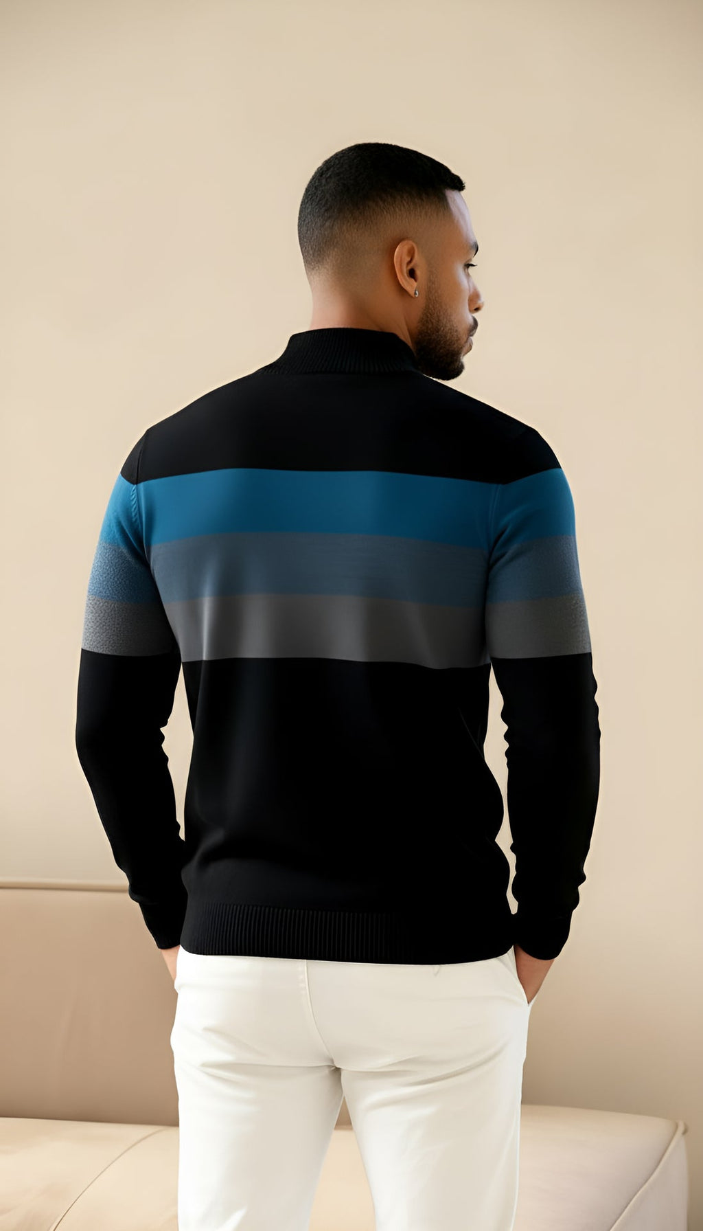 Men’s Striped Quarter-Zip Jumper with Stand Collar – Stylish Knitwear
