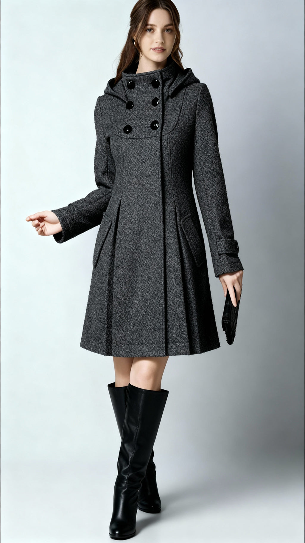 Women’s Hooded Winter Coat – Double-Breasted Trench Design with Flared Silhouette