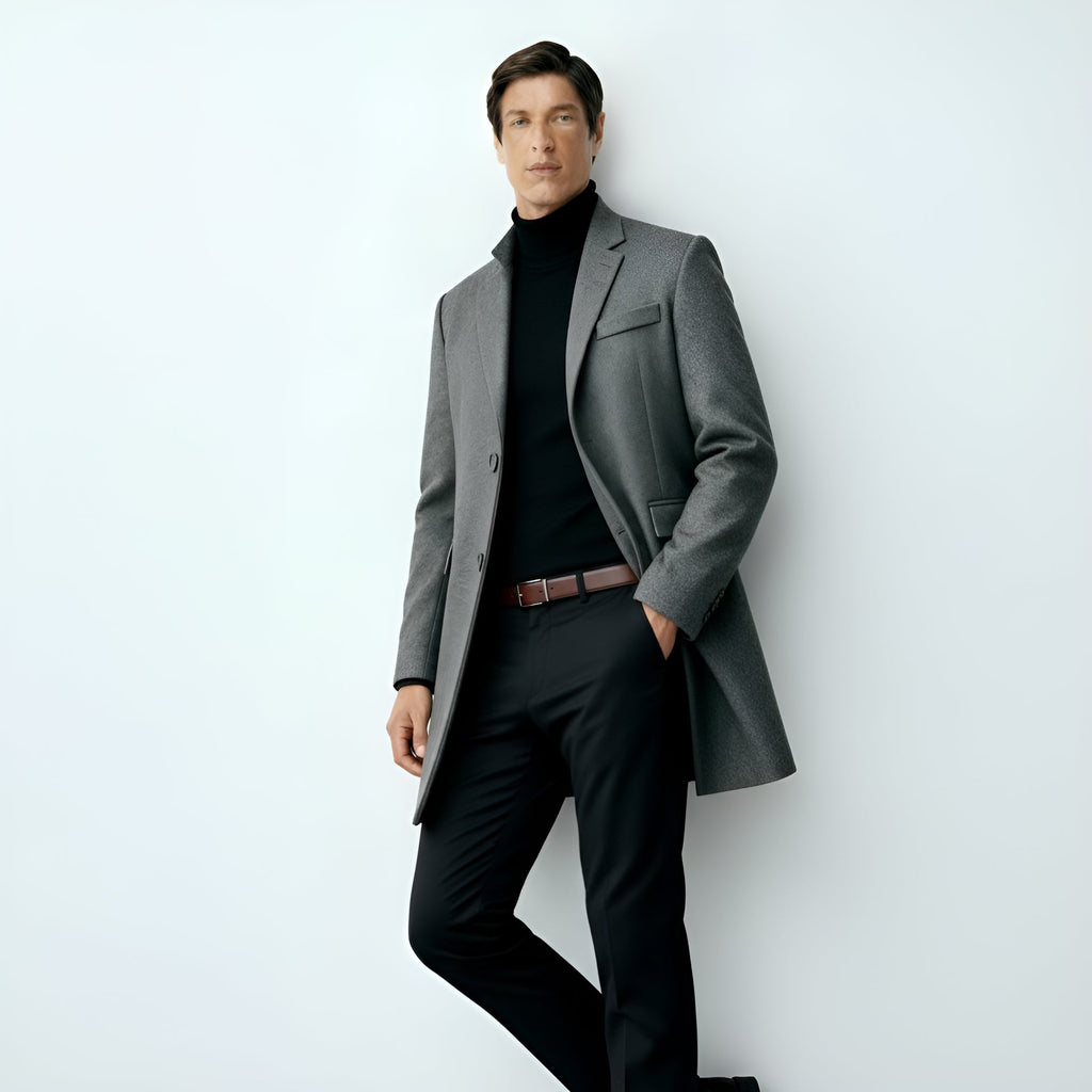Men's Wool-Blend Coat – Elegant Longline Overcoat with Notch Lapels & Button Closure for Formal & Smart-Casual Wear