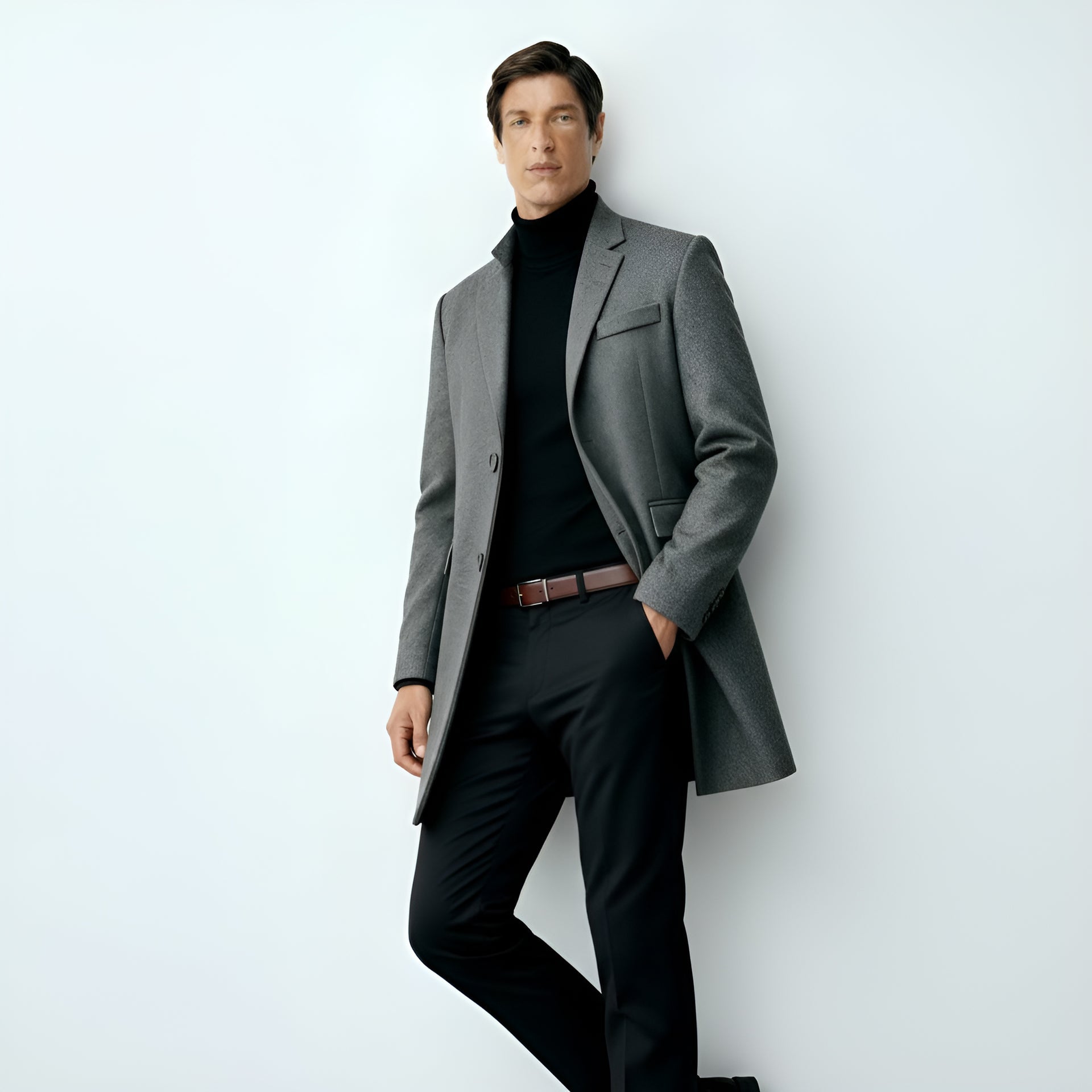 Men's Wool-Blend Coat – Elegant Longline Overcoat with Notch Lapels & Button Closure for Formal & Smart-Casual Wear