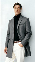 Men's Wool-Blend Coat – Elegant Longline Overcoat with Notch Lapels & Button Closure for Formal & Smart-Casual Wear