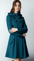 Women’s Hooded Winter Coat – Double-Breasted Trench Design with Flared Silhouette