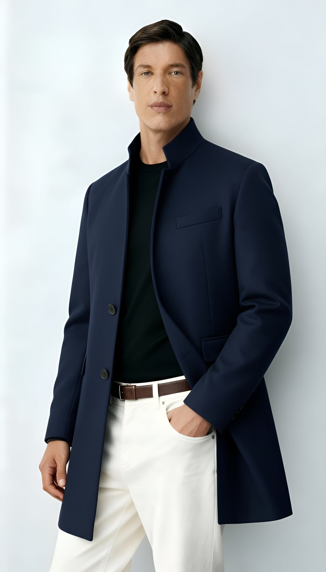 Men's Wool-Blend Coat – Elegant Longline Overcoat with Notch Lapels & Button Closure for Formal & Smart-Casual Wear