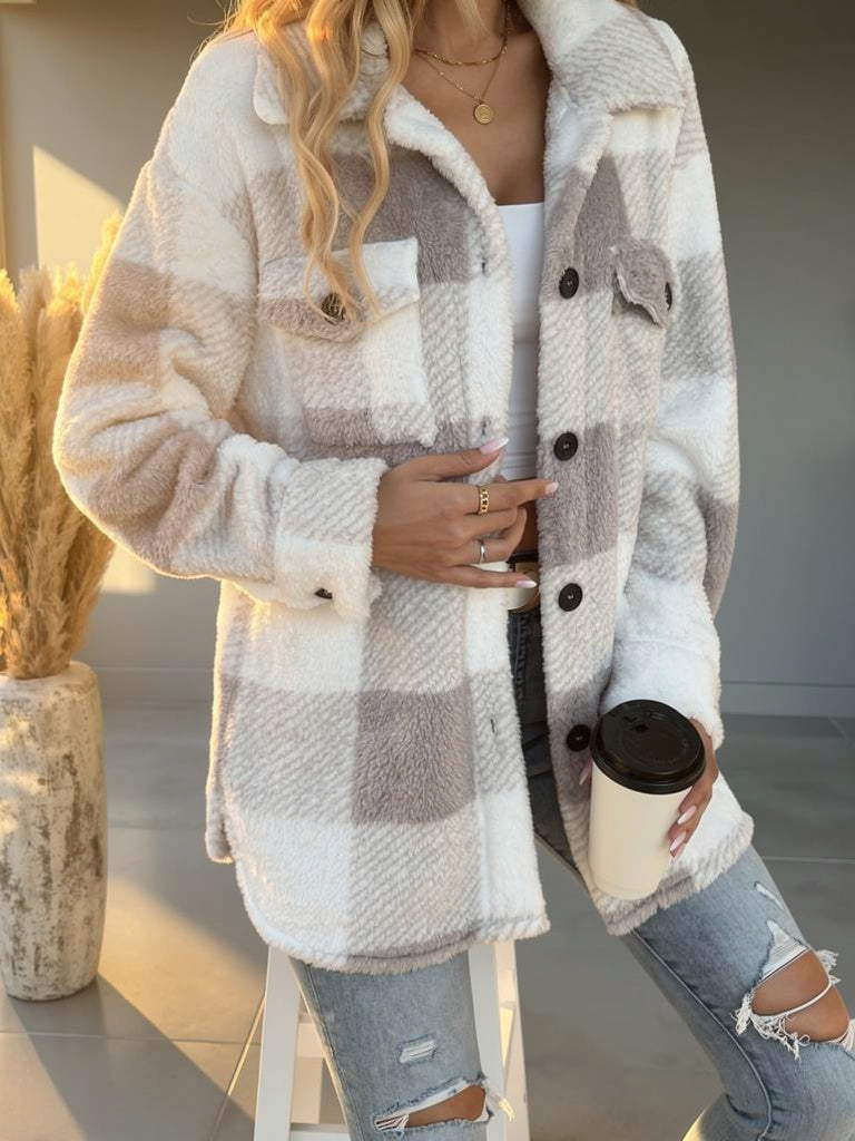 Rosie Plaid Fleece Jacket with Button Front and Relaxed Fit
