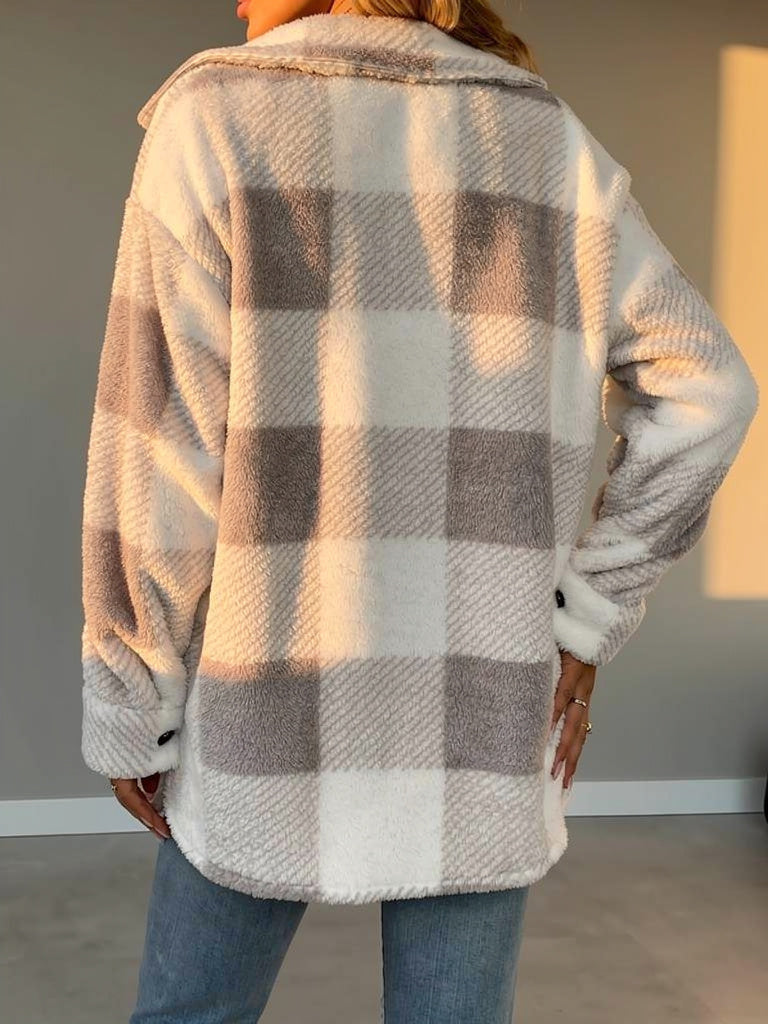 Rosie Plaid Fleece Jacket with Button Front and Relaxed Fit