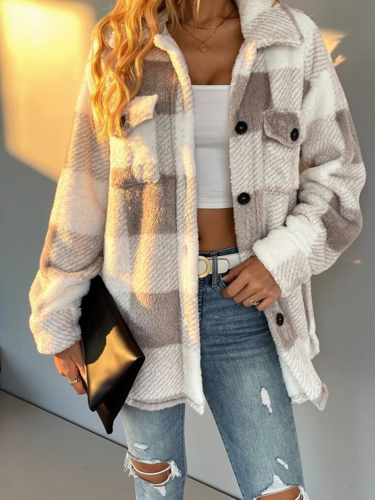 Rosie Plaid Fleece Jacket with Button Front and Relaxed Fit